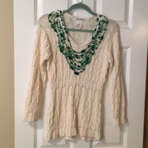 Oscar De La Renta sweater, Cream with green beads.